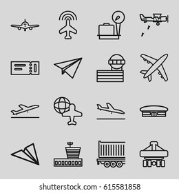 Plane icons set. set of 16 plane outline icons such as ticket, lugagge weight, airport, airport tower