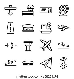 Plane icons set. set of 16 plane outline icons such as runway, plane, ticket, airport, airport tower, globe