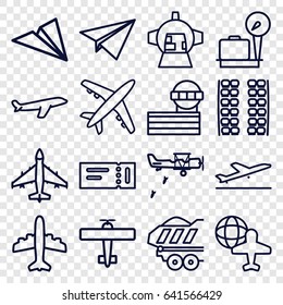 Plane icons set. set of 16 plane outline icons such as plane taking off, ticket, lugagge weight, airport tower