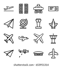 Plane icons set. set of 16 plane outline icons such as airport tower, plane taking off, ticket, airport