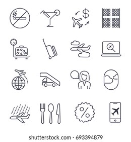 Plane icons set. set of 16 plane outline icons such as luggage, weight, airport. Icon set with editable stroke