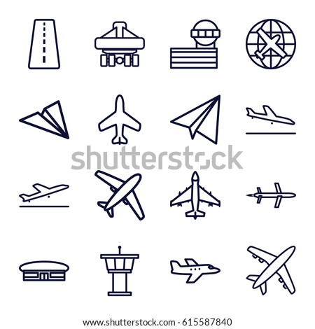 Plane icons set. set of 16 plane outline icons such as plane, runway, airport