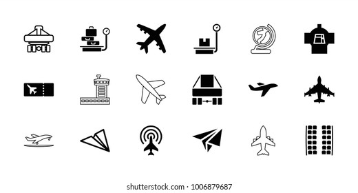 Plane icons. set of 18 editable filled and outline plane icons: plane seats, plane, ticket, lugagge weight, airport