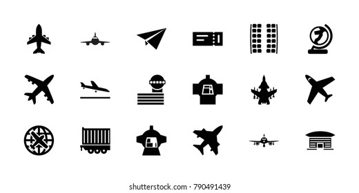 Plane icons. set of 18 editable filled plane icons: plane landing, ticket, airport tower, cargo trailer, airport