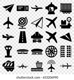 Plane icons set. set of 25 plane filled icons such as plane, airport tower, runway, ticket, plane seats, airport, globe, cargo trailer
