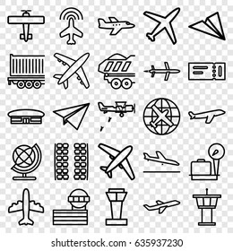 Plane icons set. set of 25 plane outline icons such as airport tower, ticket, lugagge weight, airport, globe