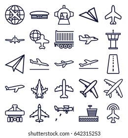 Plane icons set. set of 25 plane outline icons such as plane, runway, plane taking off, airport, airport tower