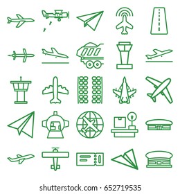 Plane icons set. set of 25 plane outline icons such as airport tower, runway, plane, plane taking off, ticket, airport, cargo trailer