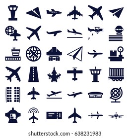 Plane icons set. set of 36 plane filled icons such as plane, airport tower, runway, plane taking off, ticket, airport, globe, cargo trailer