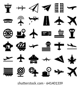Plane icons set. set of 36 plane filled icons such as plane, airport tower, runway, plane taking off, ticket, lugagge weight, airport, globe