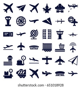 Plane icons set. set of 36 plane filled icons such as airport tower, plane, ticket, lugagge weight, airport, globe