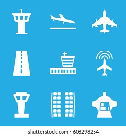 Plane icons set. set of 9 plane filled icons such as airport tower, runway, plane