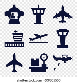 Plane icons set. set of 9 plane filled icons such as plane, airport tower, airport