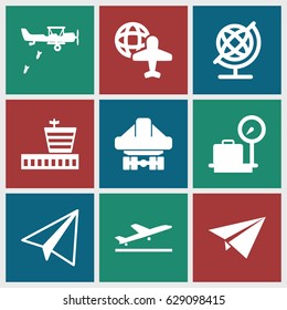 Plane icons set. set of 9 plane filled icons such as plane taking off, lugagge weight, airport