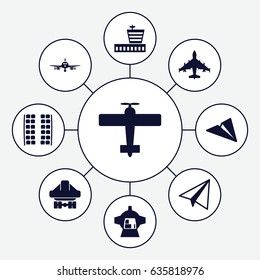 Plane icons set. set of 9 plane filled icons such as plane, plane seats