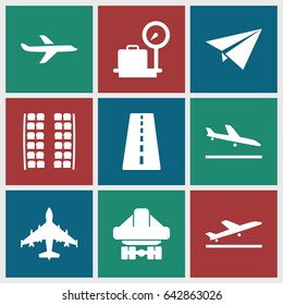 Plane icons set. set of 9 plane filled icons such as runway