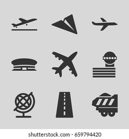 Plane icons set. set of 9 plane filled icons such as runway, airport, airport tower, globe