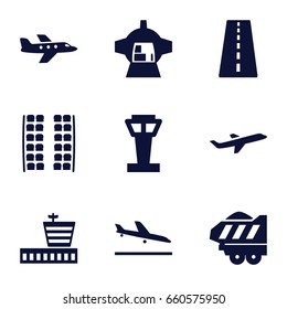 Plane icons set. set of 9 plane filled icons such as airport tower, runway, plane landing, airport