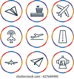 Plane icons set. set of 9 plane outline icons such as runway, plane