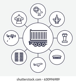 Plane icons set. set of 9 plane outline icons such as airport tower, plane seats, airport