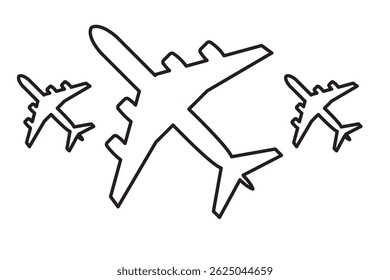 Plane icons set in black filled and stroke line style