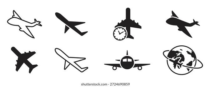 Iconos del avión fijados negros sobre un fondo blanco