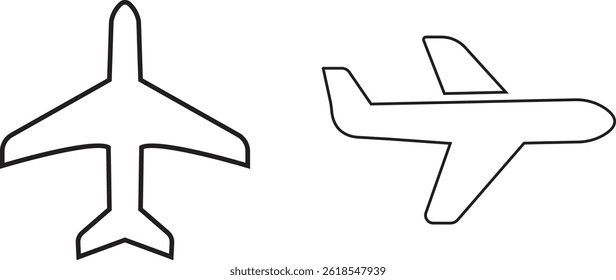 Plane icons set black outline styles. Airplane vectors. Flight transport symbols. Travel illustration. Holiday symbols collection. Vectors for web and infographics isolated on transparent background.