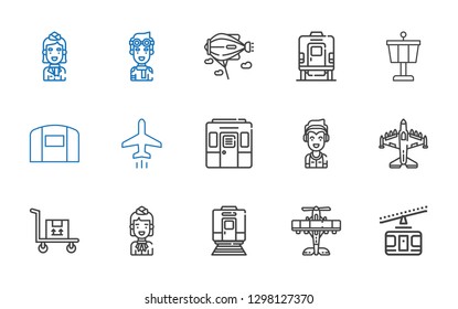 plane icons set. Collection of plane with cable car, airplane, train, stewardess, transportation, marshall, hangar, control tower, zeppelin. Editable and scalable plane icons.