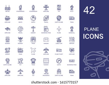 plane icons set. Collection of plane with metro, stewardess, airplane, toy, pilot, seats, earth, travel, earth globe, train, subway, boarding pass. Editable and scalable plane icons.