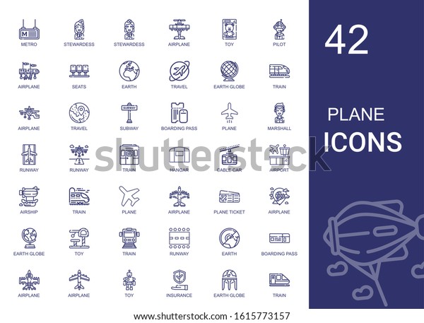 plane
icons set. Collection of plane with metro, stewardess, airplane,
toy, pilot, seats, earth, travel, earth globe, train, subway,
boarding pass. Editable and scalable plane
icons.