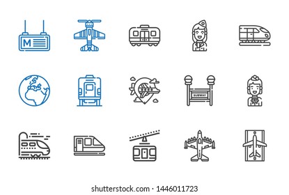 plane icons set. Collection of plane with runway, airplane, cable car, train, stewardess, subway, earth, metro. Editable and scalable plane icons.