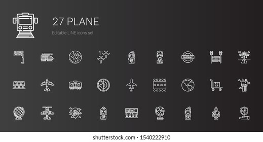 plane icons set. Collection of plane with stewardess, earth globe, airport, airplane, runway, earth, train, seats, subway, pilot, insurance. Editable and scalable plane icons.