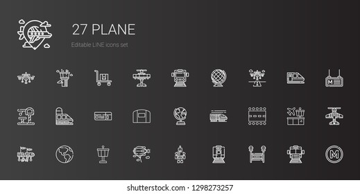plane icons set. Collection of plane with subway, train, toy, zeppelin, control tower, earth globe, airplane, runway, hangar, boarding pass. Editable and scalable plane icons.