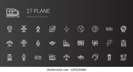 plane icons set. Collection of plane with toy, airplane, train, plane ticket, stewardess, airport, travel, earth globe, airship, pilot, boarding pass. Editable and scalable icons.