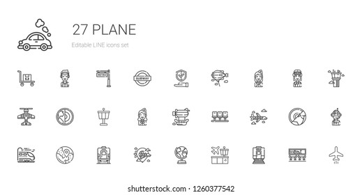 plane icons set. Collection of plane with train, airport, earth globe, airplane, travel, seats, airship, stewardess, control tower, earth, zeppelin. Editable and scalable plane icons.