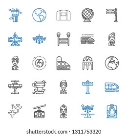 plane icons set. Collection of plane with train, runway, stewardess, cable car, subway, marshall, airship, airplane, earth, earth globe, pilot. Editable and scalable plane icons.