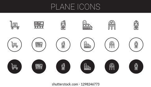 plane icons set. Collection of plane with transportation, airport, stewardess, train, earth globe. Editable and scalable plane icons.