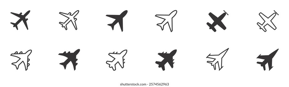 Plane icons set. Different airplane icons. Plane silhouettes. Vector illustration.