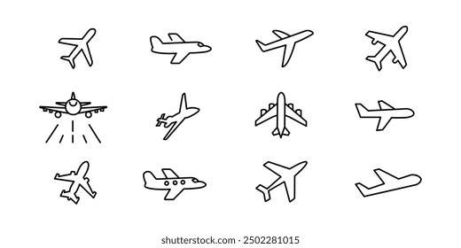 Plane icons set, passenger airplane, aircraft thin line design. Line with Editable stroke