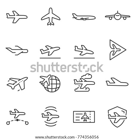 Plane icons set, passenger airplane, aircraft thin line design. Line with Editable stroke
