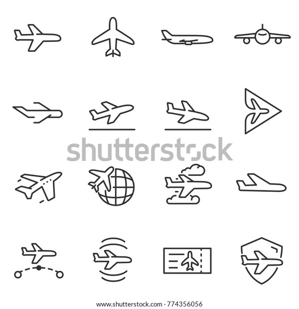 Plane icons set, passenger airplane,\
aircraft thin line design. Line with Editable\
stroke