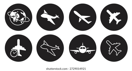 Iconos del avión fijados en blanco sobre un fondo negro