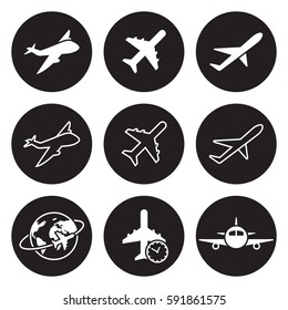 Plane icons set. White on a black background