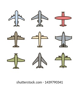 Plane icon,sign,pictogram,symbol  colorful set isolated on a white  background  flat and thin line or outline  style.Airplane silhouette,model plane.Fly and jet  collection