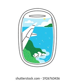 Plane illuminator view on beautiful summer tropical seascape scenery, vector illustration isolated on white background