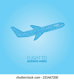 Plane illustration with names of world cities on the board. Main inscription "Flight to Buenos Aires".