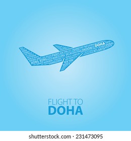 Plane illustration with names of world cities on the board. Main inscription "Flight to Doha".