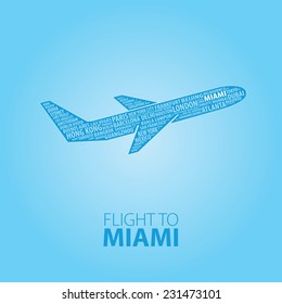 Plane illustration with names of world cities on the board. Main inscription "Flight to Miami".
