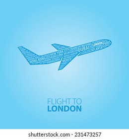 Plane illustration with names of world cities on the board. Main inscription "Flight to London".