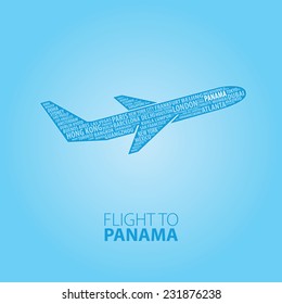 Plane illustration with names of world cities on the board. Main inscription "Flight to Panama".